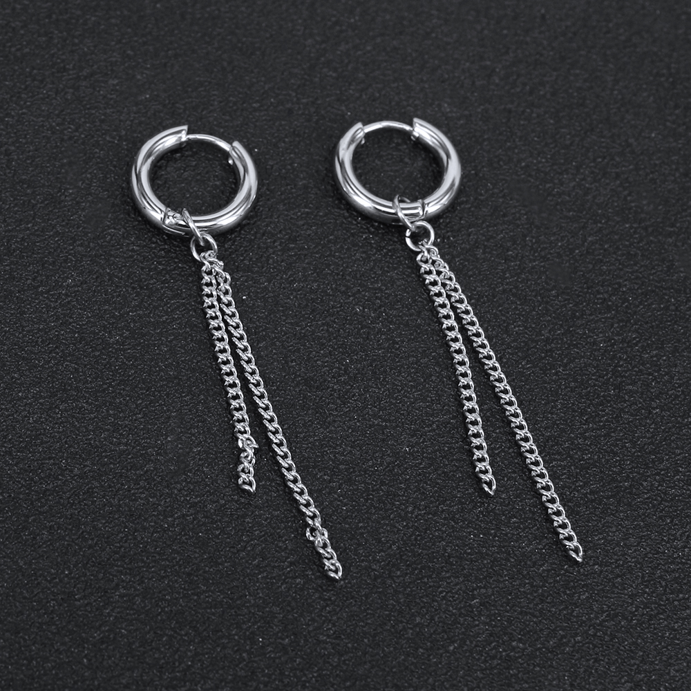 Khuyên tai khoen tròn inox phối dây xích dài đính mặt thánh giá thời trang Hàn Quốc cho nam