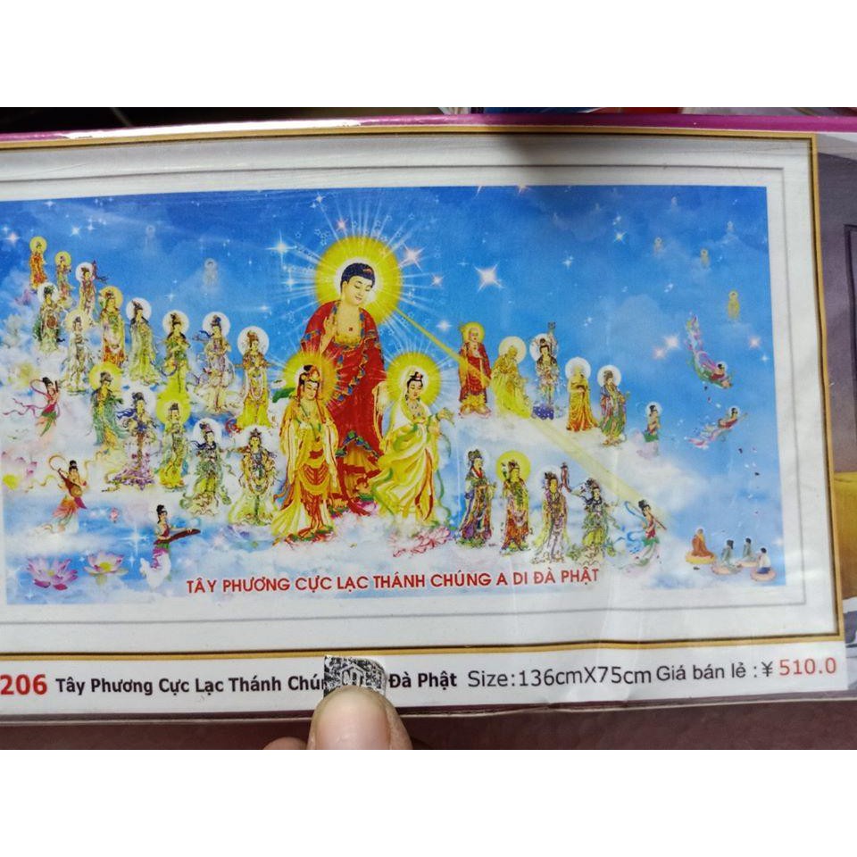 FreeShip từ 250K-Tranh đính đá cao cấp Tây phương chúng thánh A Di Đà Phật LV206 KT: 136cm x 75cm