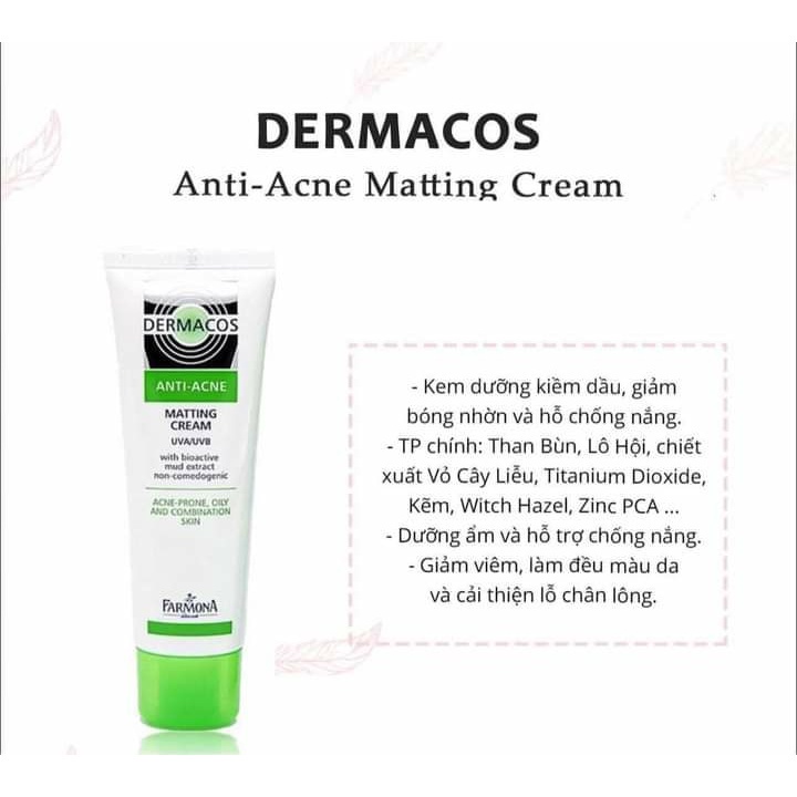 Kem Dưỡng Ẩm Dermacos Anti Acne Matting Cream 50ML Giảm Bóng Nhờn, Ngừa Mụn, Phù Hợp Da Dầu Mụn Nhạy Cảm