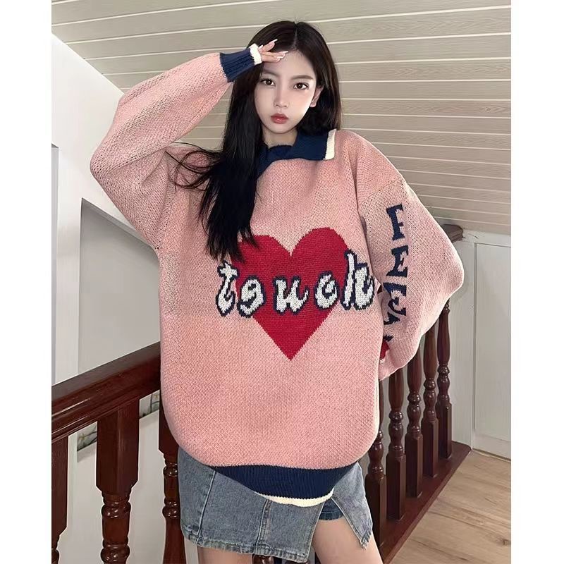 Retro pink letter love lapel sweater women's spring and autumn laziness design minority knitted shirt trend