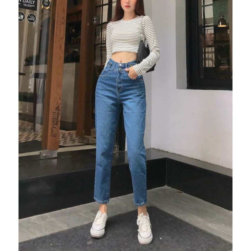 Quần jean baggy lưng cao nữ dây nút kiểu lưng chun 1 nút