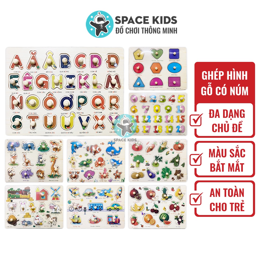 Tranh ghép hình gỗ có núm Tiếng việt Đồ chơi xếp hình thông minh cho bé tư duy phát triển trí tuệ Space Kids