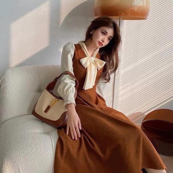 Váy Xòe Chất Da Nâu Phối Voan Tơ Cổ Nơ,  Đầm Xòe Tay Phồng Hàng Thiết Kế Form Dáng Chuẩn.