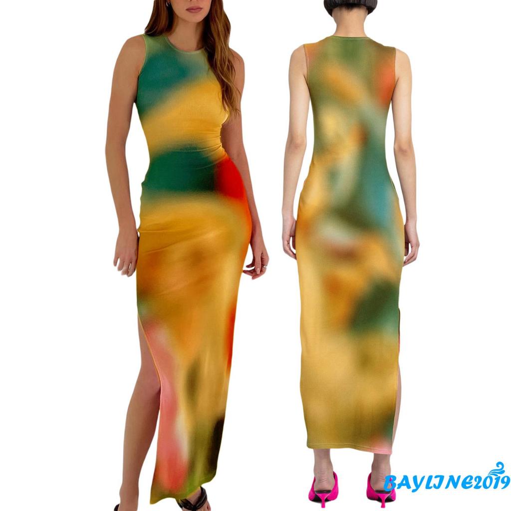 BAY-Women´s Summer Long Dress Sleeveless O Neck Tie Dye Print Side Split Skinny Dress
