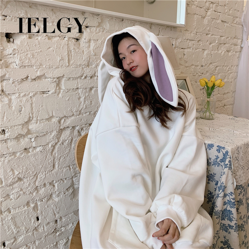 Áo hoodie IELGY dáng rộng phối tai thỏ màu trơn dễ phối đồ thời trang cho nữ