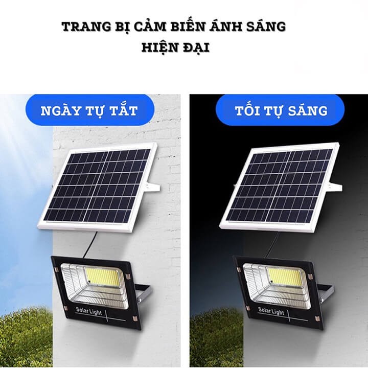 Đèn pha năng lượng mặt trời 60w cảm biến tự động sáng 154 Led có điều khiển từ xa, hẹn giờ siêu sáng