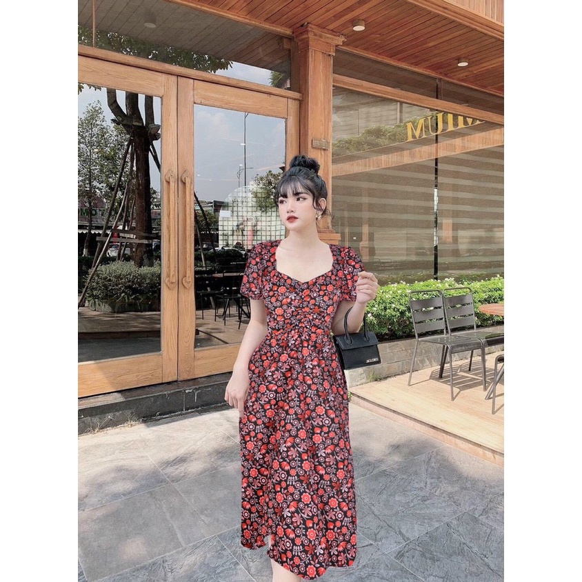 Đầm midi hoa đỏ tay búp dáng dài, đầm hoa cổ vuông xòe màu sắc thanh lịch, nhã nhặn đi chơi dễ thương