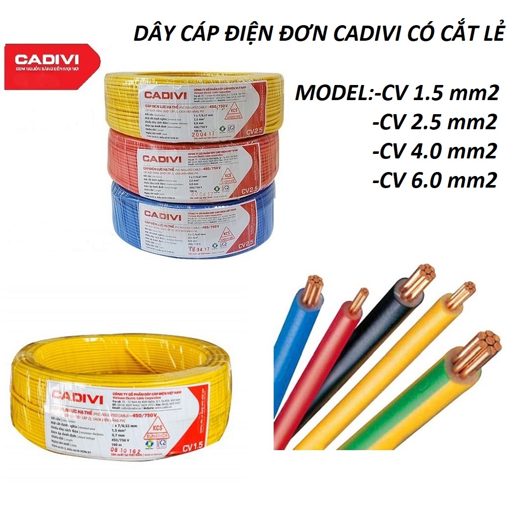 Dây cáp điện đơn CADIVI CV 1.0 ~ 8.0 ( giá 1 mét) Tiết diện 4mm2 chịu được 6000w l AVY