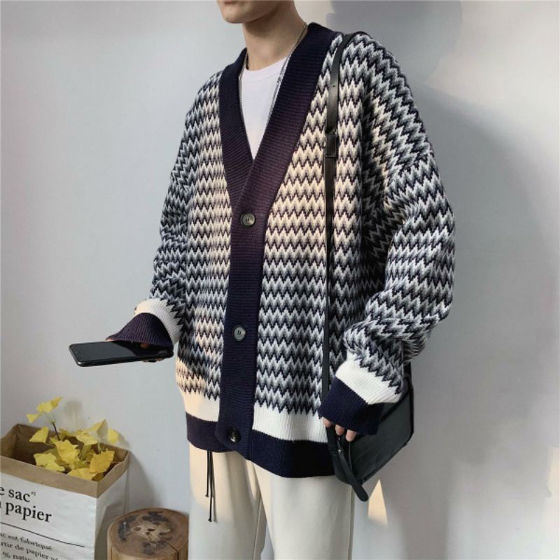 Áo Cardigan Kẻ Sóng Vintage Unisex