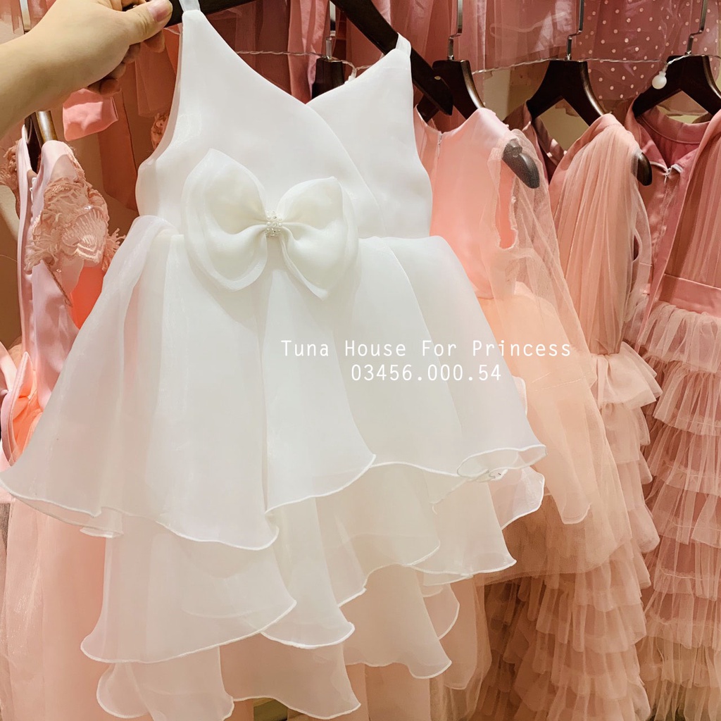Váy đầm xoè công chúa mặc thôi nôi đầy tháng cho bé gái 2 dây chéo ngực trắng - Tuna House For Princess