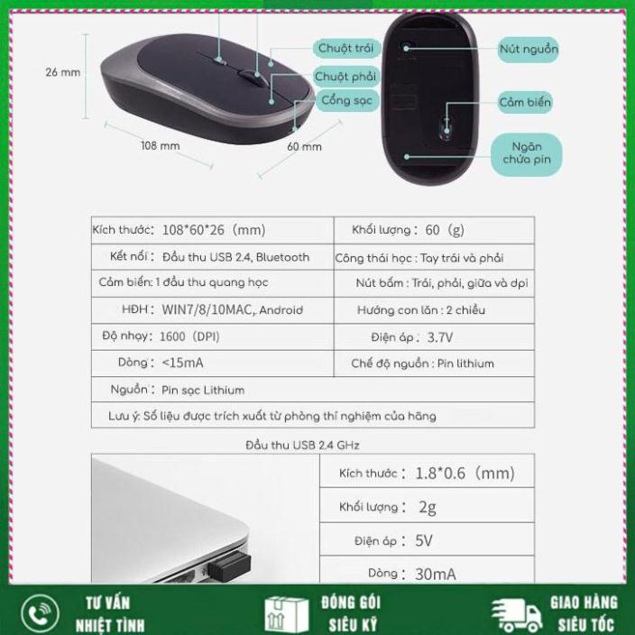 Chuột không dây bluetooth wireless 2.4G NM003 pin sạc chống ồn im lặng laptop pc smartphone