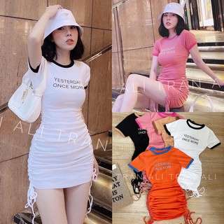 Đầm body chữ nhúng rút dây tay con