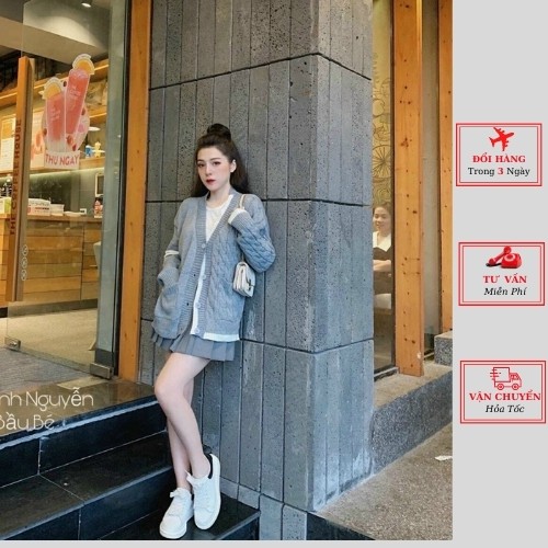 Áo cardigan len nữ dáng dài thorm màu ghi ulzzang Hàn Quốc phong cách cá tính