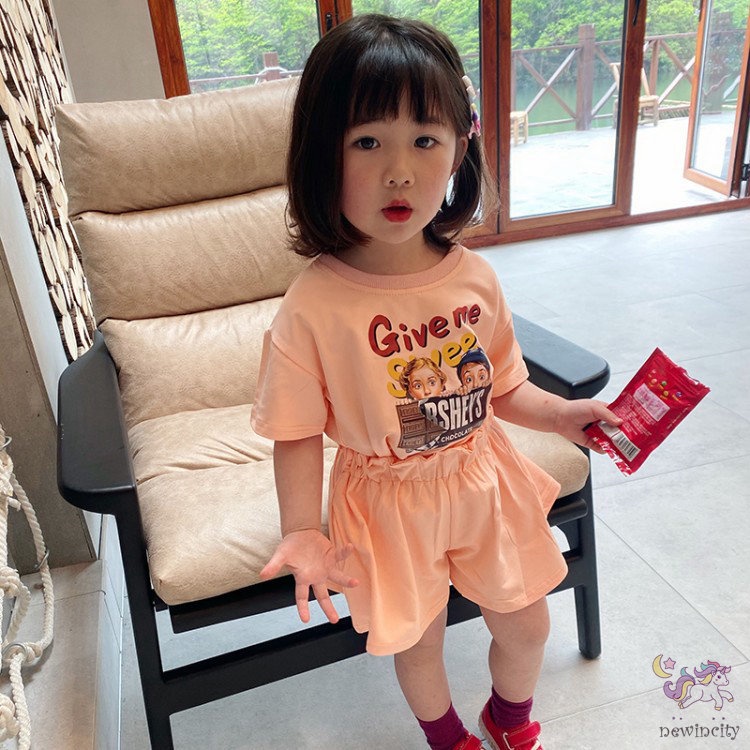 Set Áo Thun Tay Ngắn &amp; Quần Short Cotton In Hoạt Hình Phong Cách Hàn Quốc Cho Bé Gái