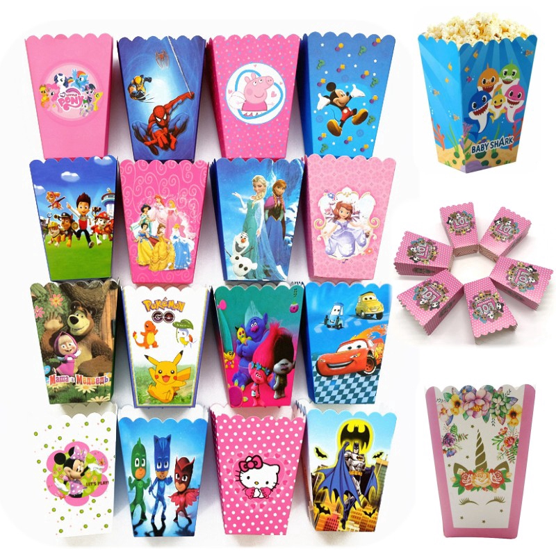 Bộ 6 hộp đựng bắp rang thiết kế in hình kỳ lân/frozen/mickey/minnie/ngựa/người nhện cho trẻ em