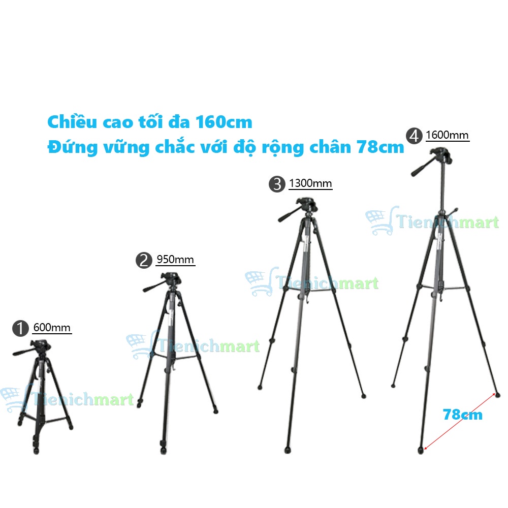 Tripod điện thoại, chân máy ảnh Weifeng WT-3540 cao 1,6m khung nhôm, chụp ảnh quay phim livestream - Tặng kẹp điện thoại