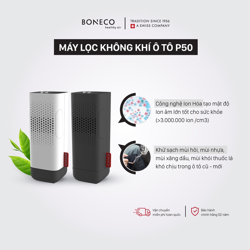 Máy Lọc Không Khí Xe Ô Tô Thụy Sỹ BONECO P50 Tạo Ion Âm Lớn: Lọc Bụi - Khử Mùi Tốt- Khuếch Tán Tinh Dầu (MÀU ĐEN)