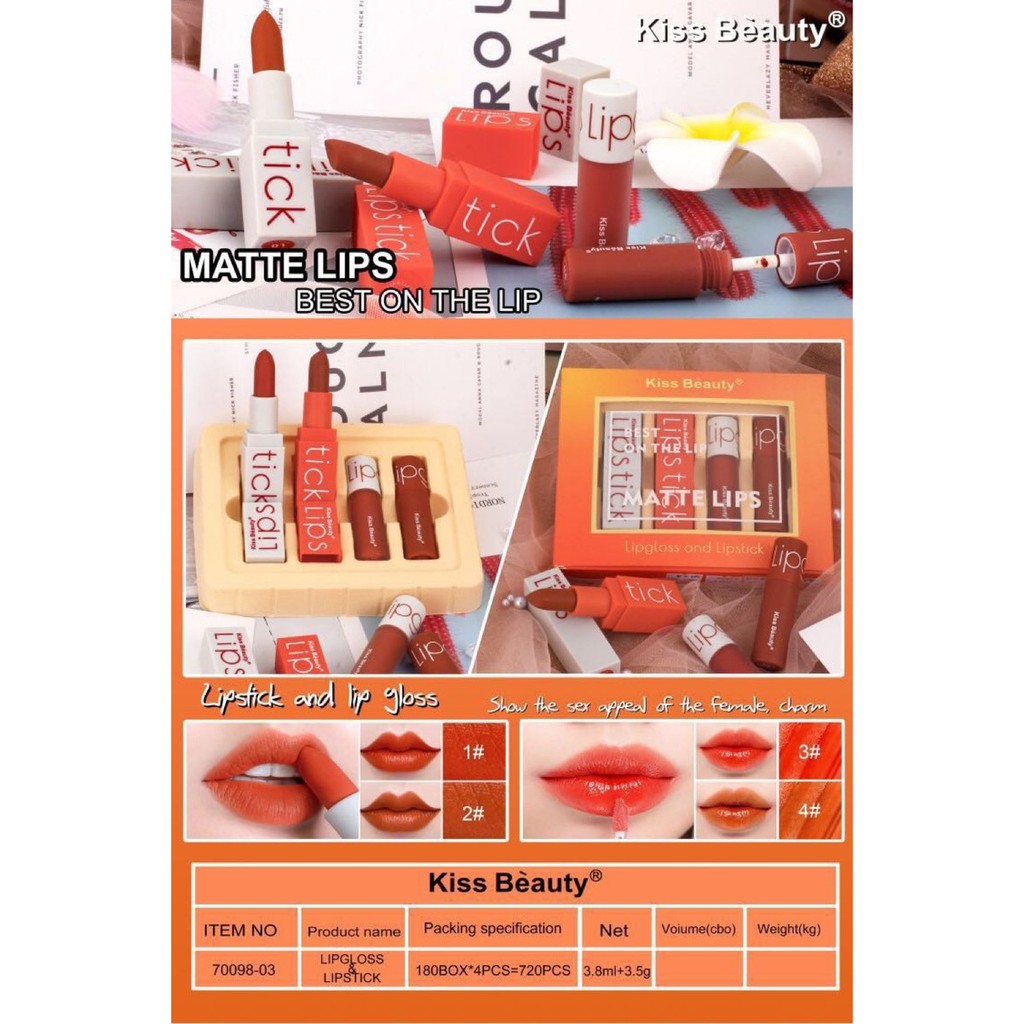 Set Son Môi Kiss Beauty 4 Cây Fullsize ? LIPSTICK ? MATTE ĐÀO