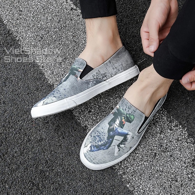 Slipon nam - Giày lười vải họa tiết hot trend - Chất liệu vải thô 2 màu xám xanh và xám trắng - Mã SP 1220 | BigBuy360 - bigbuy360.vn
