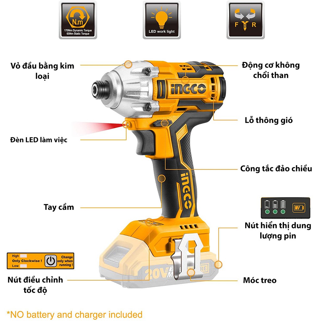 MÁY SIẾT VÍT DÙNG PIN INGCO 20V KO THAN CIRLI2002 CIRLI2017