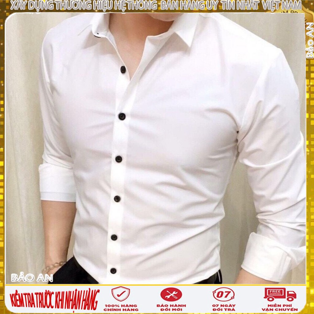 Áo sơ mi nam Trơn Trắng cúc Đen dài tay dáng ôm body Hàn Quốc[Cung cấp Sỉ Toàn Quốc]