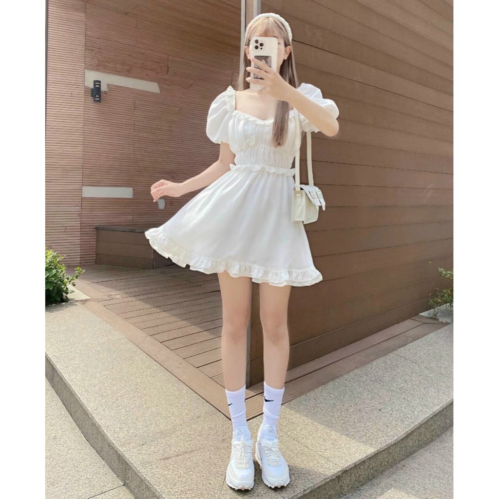 |SIÊU HOT|Đầm nữ trắng cổ tim viền bồng giá SIÊU RẺ | BigBuy360 - bigbuy360.vn