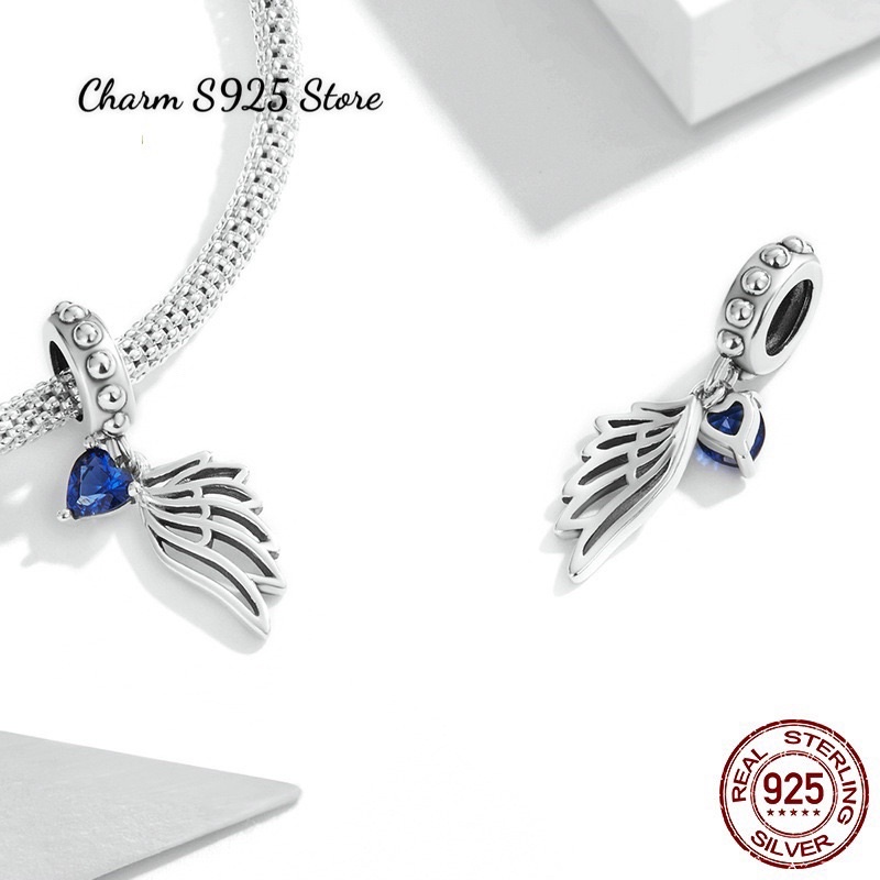 CHARM TREO CÁNH TIM ĐÍNH ĐÁ XANH BẠC S925 CAO CẤP CHÍNH HÃNG