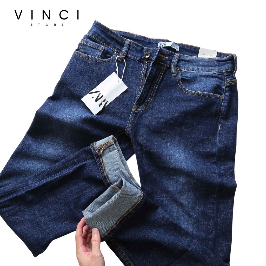 Quần Jean Nam  ZR xanh trơn slim fit ống côn co dãn vnxk | BigBuy360 - bigbuy360.vn