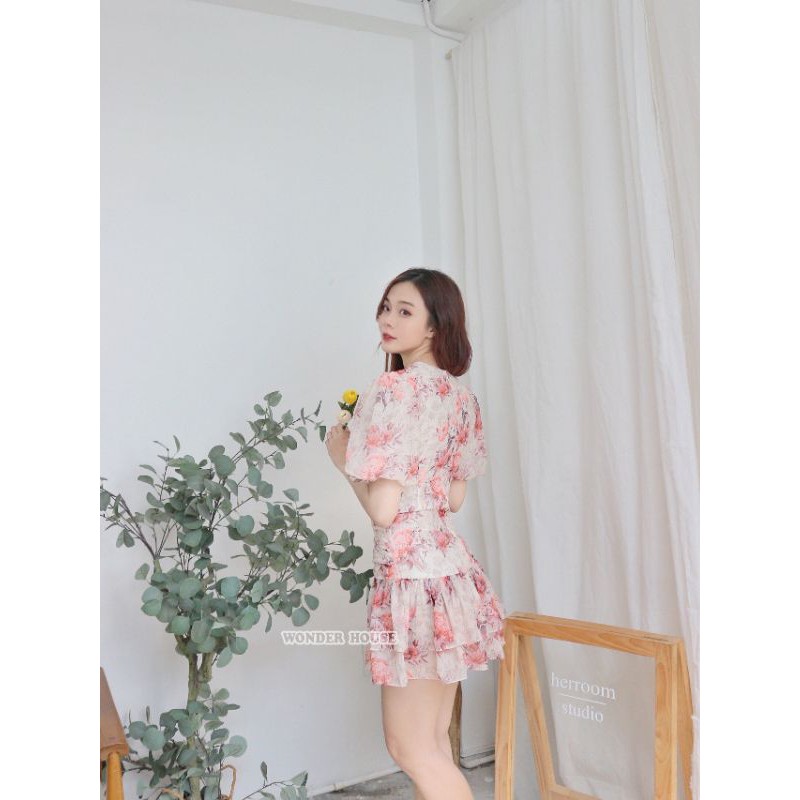 Đầm thiết kế WONDERHOUSE cổ tim nhún bèo voan in hoa công sở, dạo phố nữ tính - Hana dress