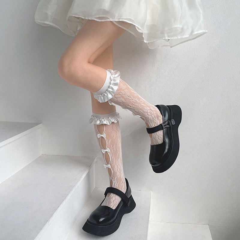 Tất Lửng Vải Satin Viền Ren Đính Nơ Phong Cách Lolita Hàn Quốc