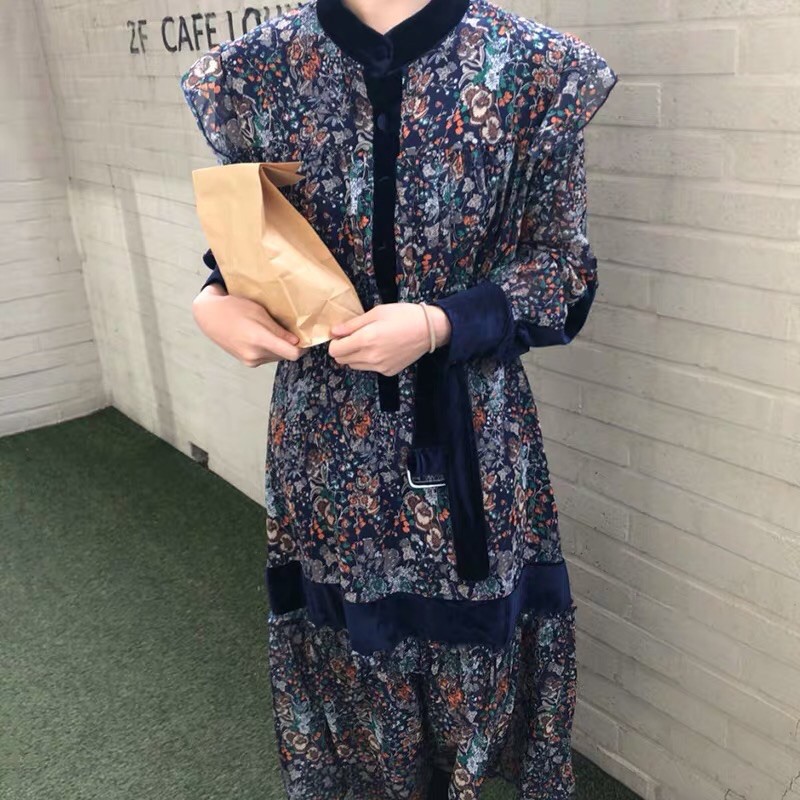 Đầm vintage hiện đại hoạ tiết phối nhung - Đầm đầm hoa dáng dài Hàn Quốc