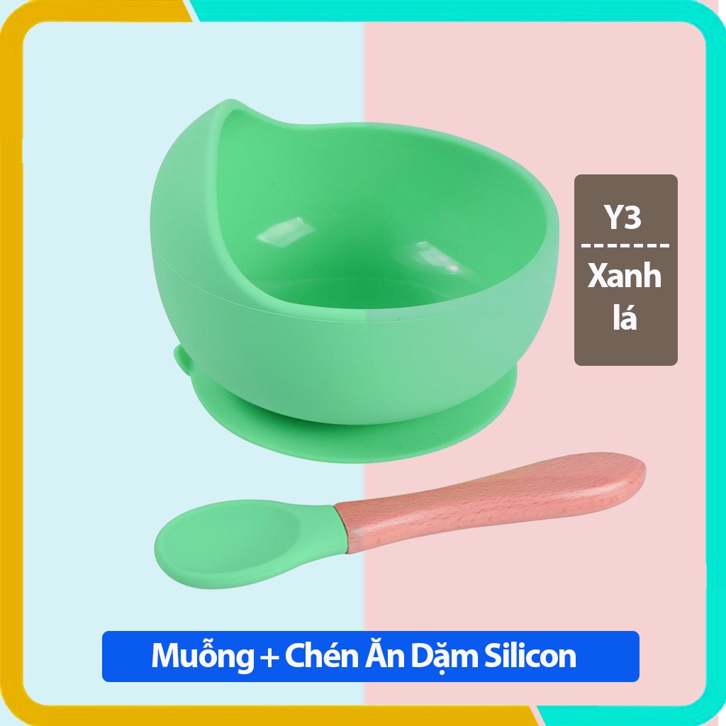 Chén Ăn Dặm Silicon Kèm Thìa Tay Cầm Gỗ - Đế Hít Chống Đỗ- Chất Liệu An Toàn Cho Bé- Ăn Dặm Chỉ Huy Kiểu Nhật