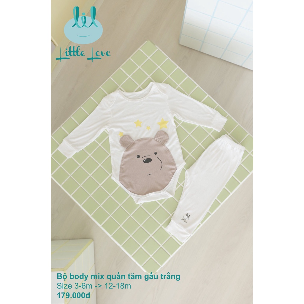 Bộ body mix quần in hình gấu vải tăm cho trẻ từ 3m đến 18m little love