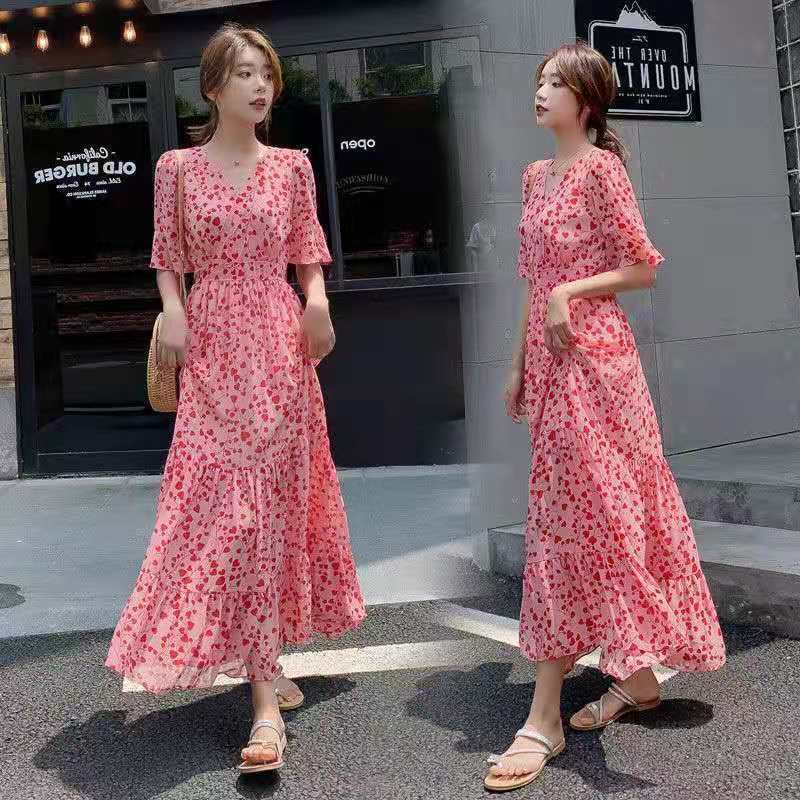 Đầm Voan Hoa Tay Ngắn Cổ Chữ V Thời Trang Dành Cho Nữ