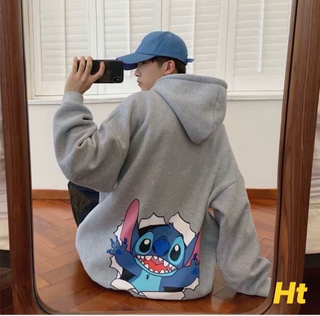 Áo hoodie nỉ mũ in Stitch chó tài thỏ xanh