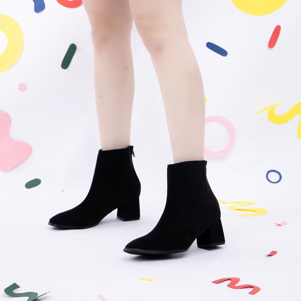 Giày MWC 9105 - Giày Boots Nữ thời trang Boots cổ thấp gót vuông 5p dáng bốt lửng màu đen basic siêu HOT