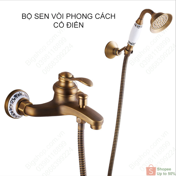 Bộ sen vòi tắm nóng lạnh phong cách cổ điển, bằng đồng nguyên khối (Hàng có sẵn)