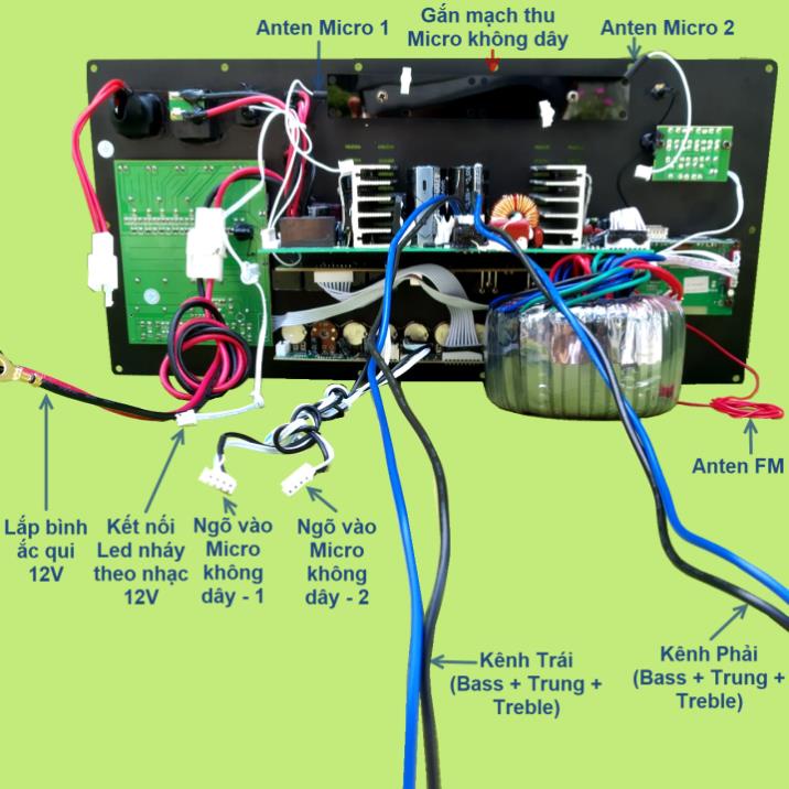 Mạch loa kéo 4 tấc đôi 200W + 200W DSP Reverb Echo có chống hú Equalizer 5 Band 2 kênh treble 450 và mic UHF pin 18650