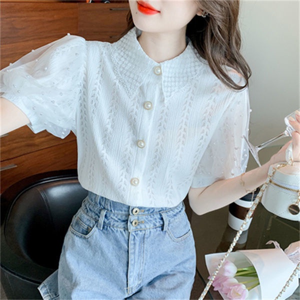 Áo Kiểu Tay Phồng Ngắn Dáng Rộng Phối Ren Lưới Thời Trang Hàn Quốc Cao Cấp Cho Nữ