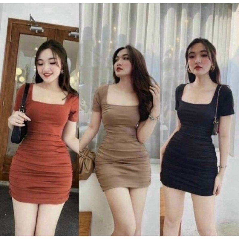 Đầm body cổ U nhún sườn dưới tay ngắn chất vải pozip loại 1