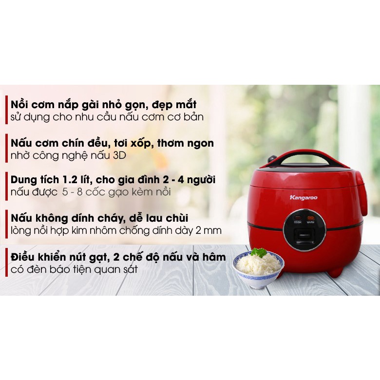 Nồi cơm điện Kangaroo 1.2 lít KG822 đỏ