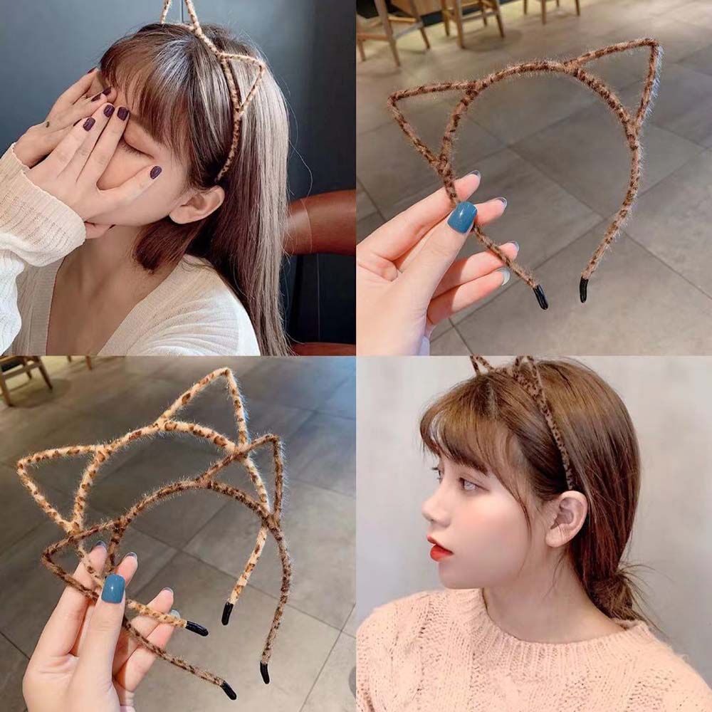 Cài tóc bằng lông nhung hình tai mèo họa tiết da báo thời trang Hàn Quốc