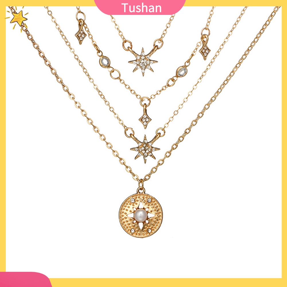 Dây chuyền nhiều lớp mặt ngôi sao gắn ngọc trai giả phong cách boho cho nữ