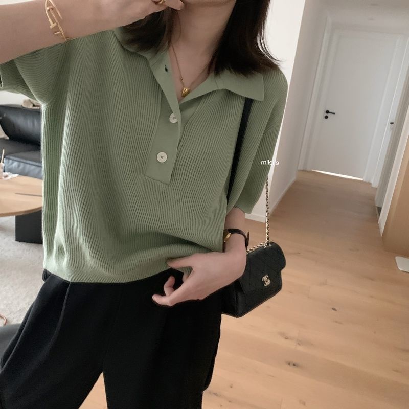 Áo Thun polo Ngắn Tay Vải Lụa Lạnh Mỏng Dáng Rộng Phong Cách Hàn Quốc Thời Trang Mới 2022