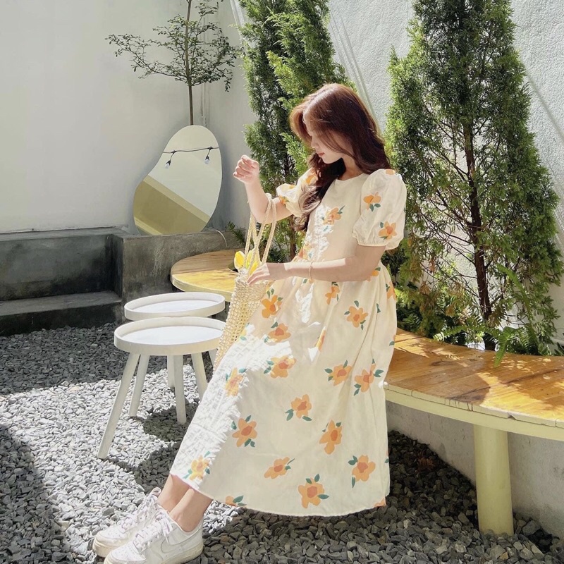 Váy Babydoll hoa cam tay bồng chất đũi xốp Pea Store - Đầm hoa dáng dài đũi xốp xinh xắn