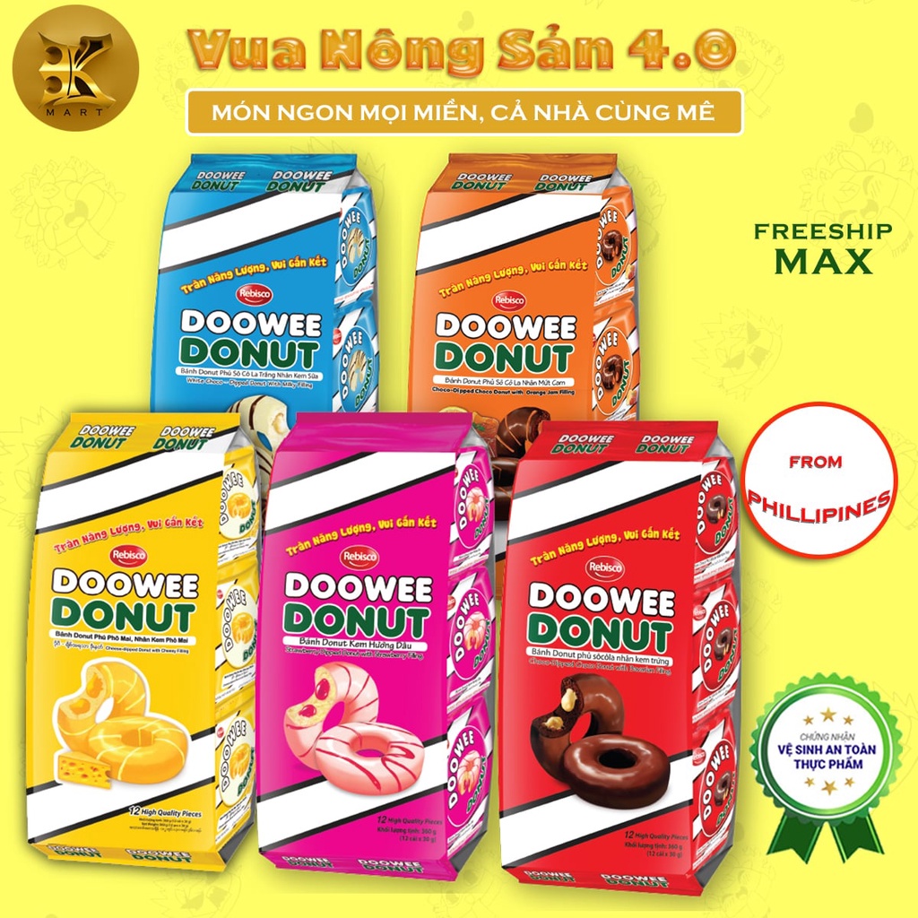 Bánh bông lan phủ kem DOOWEE DONUT đủ vị: Socola, Dâu, Cam, Phô mai, Socola trắng (Túi 12 cái/ 360G)