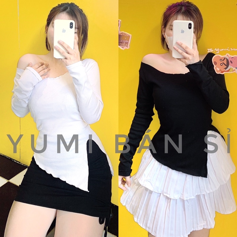 Áo Body Nữ Tay Dài Xẻ Tà YUMI BÁN SỈ Áo Thun Nữ Cổ Tròn Mặc được 2 Kiểu Lệch Vai 2 Màu