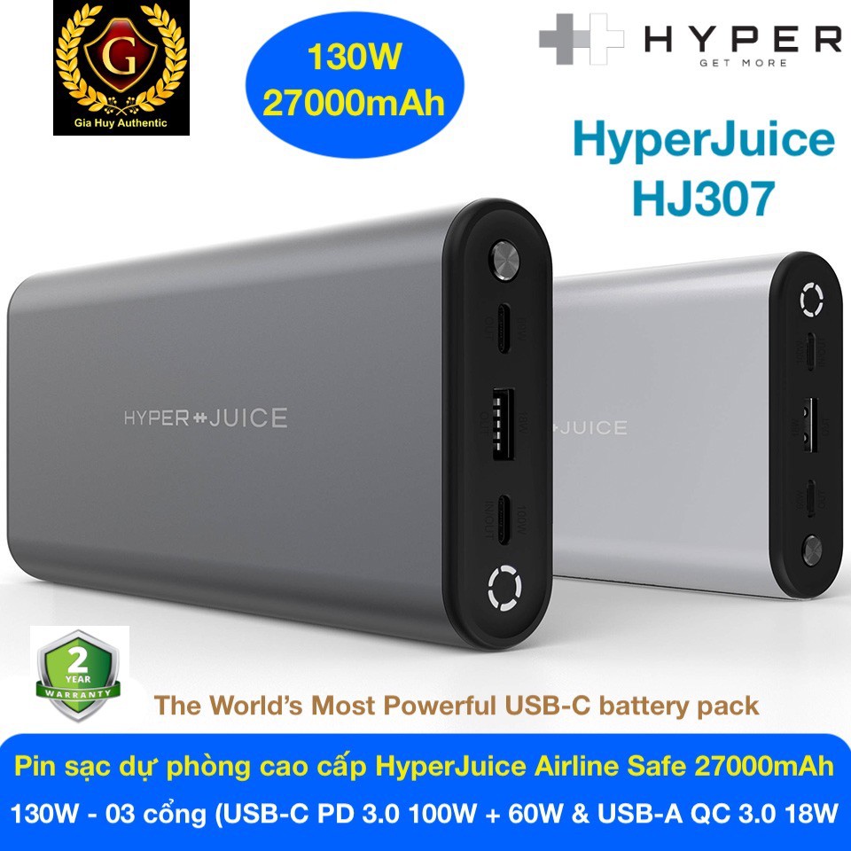 Pin sạc dự phòng Macbook Pro, Dell cao cấp USB-C PD 3.0 130W HYPERJUICE AIRLINE SAFE 27000mAh - HJ307