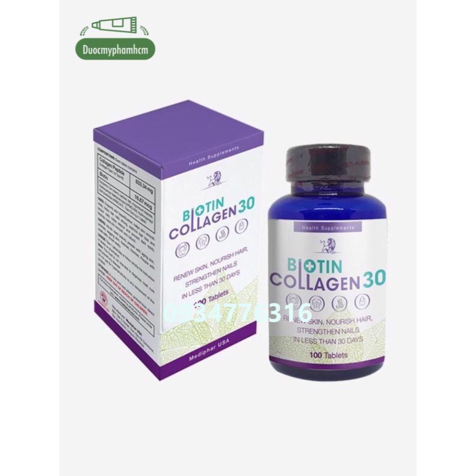 ✅ Biotin Collagen 30 - Viên uống đẹp da, hỗ trợ mọc tóc Mediphar USA sản xuất chuẩn GMP - Hộp 100 viên nén