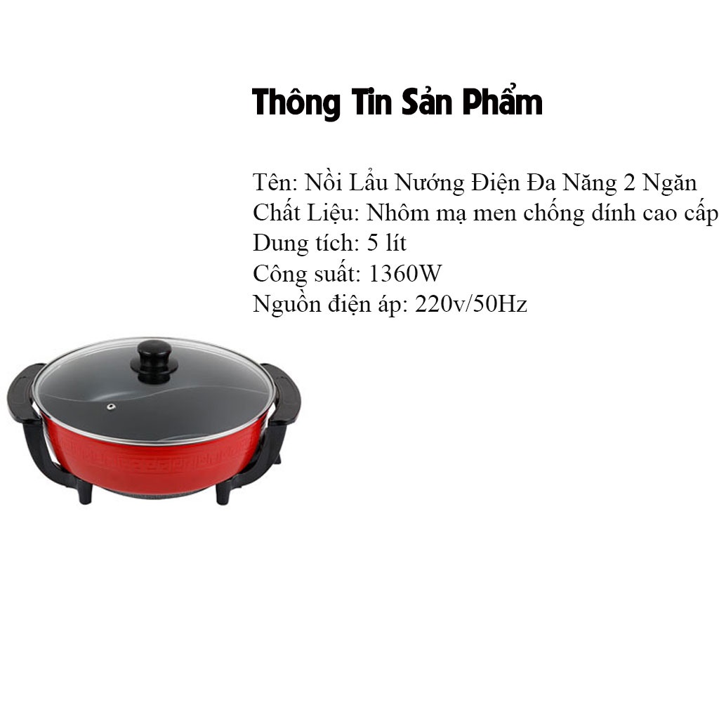 Nồi Lẩu Điện Đa Năng 2 Ngăn  Chống Dính 5L 1360W  Hàng Chính Hãng Bảo Hành 6 Tháng